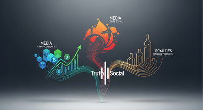صورة دونالد ترامب يبتسم بثقة، محاطًا برموز العملات المشفرة وشعار Truth Social ومنتجات تحمل اسمه، تعكس نمو ثروته.