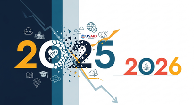 يد تحمل مقصاً تقطع علامات تمثل الصحة والتعليم والبيئة، مع علم أمريكي باهت في الخلفية، يرمز لتأثير التخفيضات الحكومية.