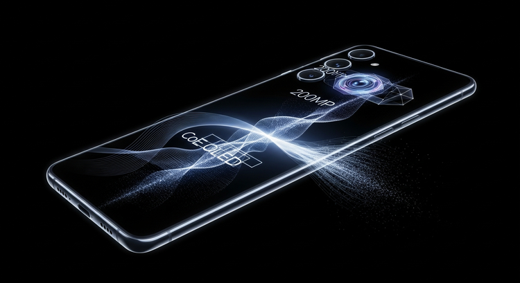 تصور افتراضي لهاتف سامسونج Galaxy S26 Ultra، يبرز تصميمه الأنيق، شاشته المتطورة CoE OLED، والكاميرا الخلفية بدقة 200MP.