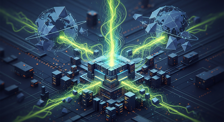 مبنى ضخم وحديث لمركز بيانات يمتد في الأفق، مع إضاءة زرقاء أو خضراء ترمز للذكاء الاصطناعي والطاقة، يوحي بالقوة الاستراتيجية والتحديات العالمية.