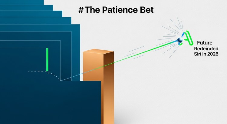 شعار آبل مضيء يتوسط شبكة عصبية رقمية، مع تجسيد بصري لسيري مُحسّن، يرمز لعودة الشركة المحتملة بقوة في الذكاء الاصطناعي.