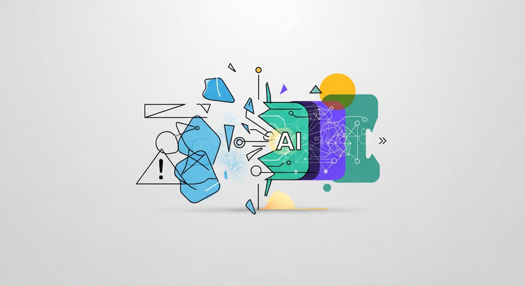 دماغ رقمي يرمز للذكاء الاصطناعي تحيط به أيقونات لبيانات مشوشة ورموز استفهام، تمثل المفاهيم الخاطئة.