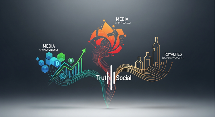 صورة دونالد ترامب يبتسم بثقة، محاطًا برموز العملات المشفرة وشعار Truth Social ومنتجات تحمل اسمه، تعكس نمو ثروته.