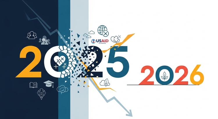 يد تحمل مقصاً تقطع علامات تمثل الصحة والتعليم والبيئة، مع علم أمريكي باهت في الخلفية، يرمز لتأثير التخفيضات الحكومية.