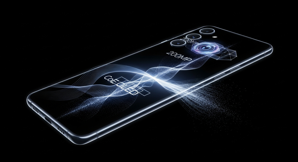 تصور افتراضي لهاتف سامسونج Galaxy S26 Ultra، يبرز تصميمه الأنيق، شاشته المتطورة CoE OLED، والكاميرا الخلفية بدقة 200MP.