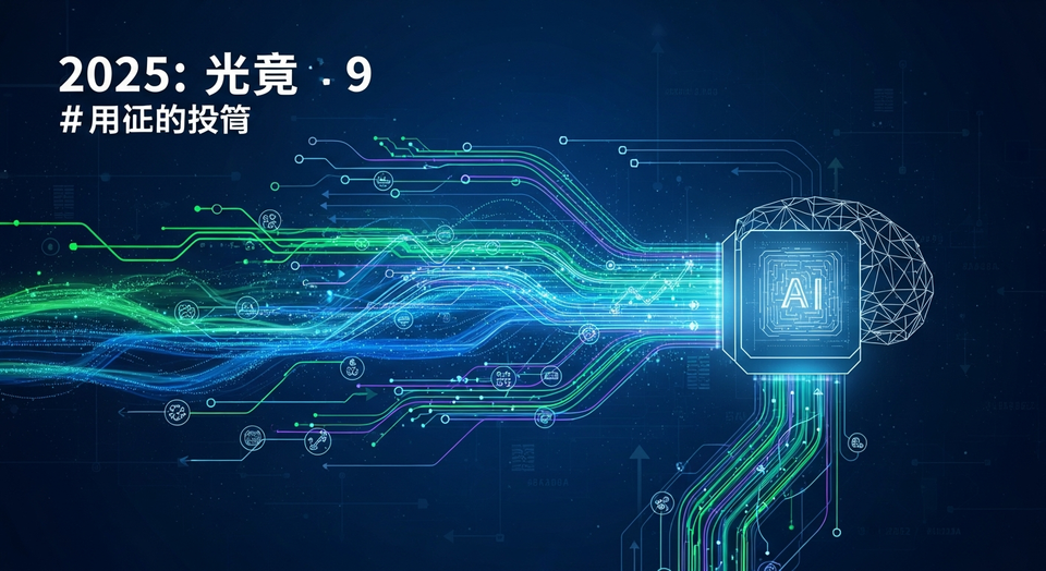 شكل هندسي متوهج يمثل الذكاء الاصطناعي، يندمج مع بيانات رقمية وخطوط شبكية، يرمز لتطورات 2025 الهائلة وتأثيرها العالمي.