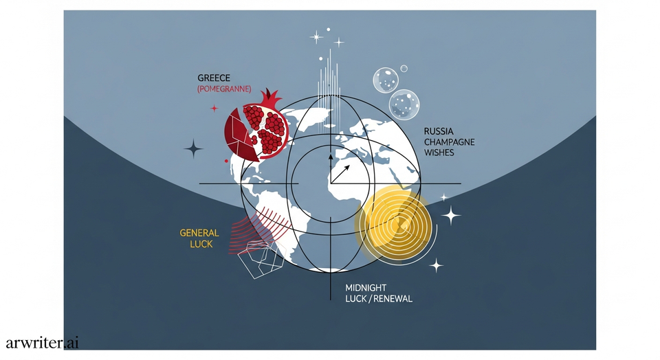 مشهد احتفالي عالمي لليلة رأس السنة يجمع بين أيقونات متنوعة من تقاليد الحظ والتجدد حول العالم، مع أضواء مبهرة ورموز ثقافية.