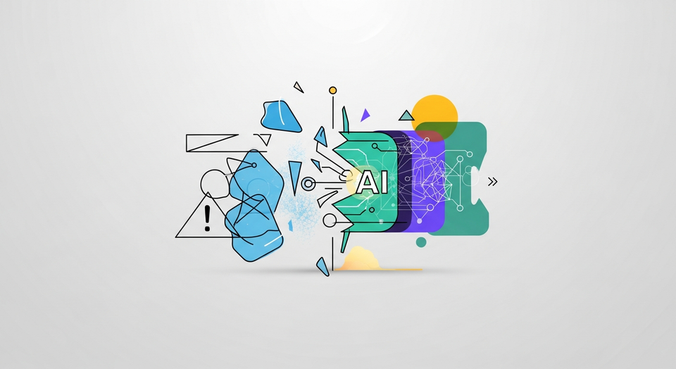 دماغ رقمي يرمز للذكاء الاصطناعي تحيط به أيقونات لبيانات مشوشة ورموز استفهام، تمثل المفاهيم الخاطئة.