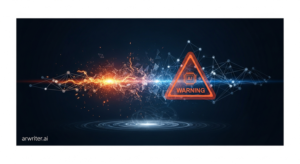 أيدي بشرية تحاول يائسة إيقاف فوضى رقمية لذكاء اصطناعي يخرج عن السيطرة، تتخللها بيانات متناثرة ورموز تحذيرية على خلفية عالمية مضطربة.